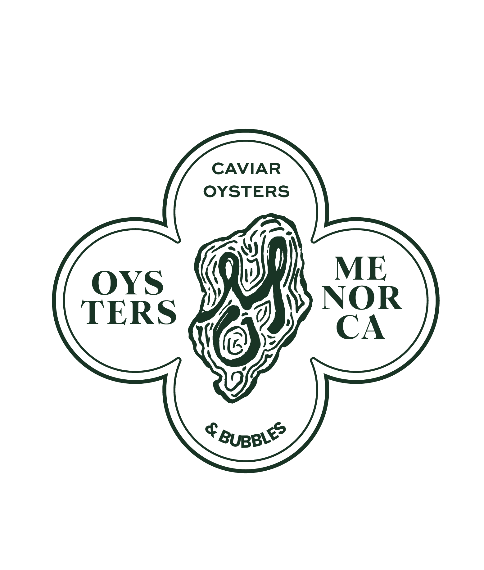 A circular logo featuring an illustration of an oyster with the words "Caviar," "Oysters," "Memor" and "& Bubbles" in a decorative font and a clover-like shape with four petals around the oyster illustration.