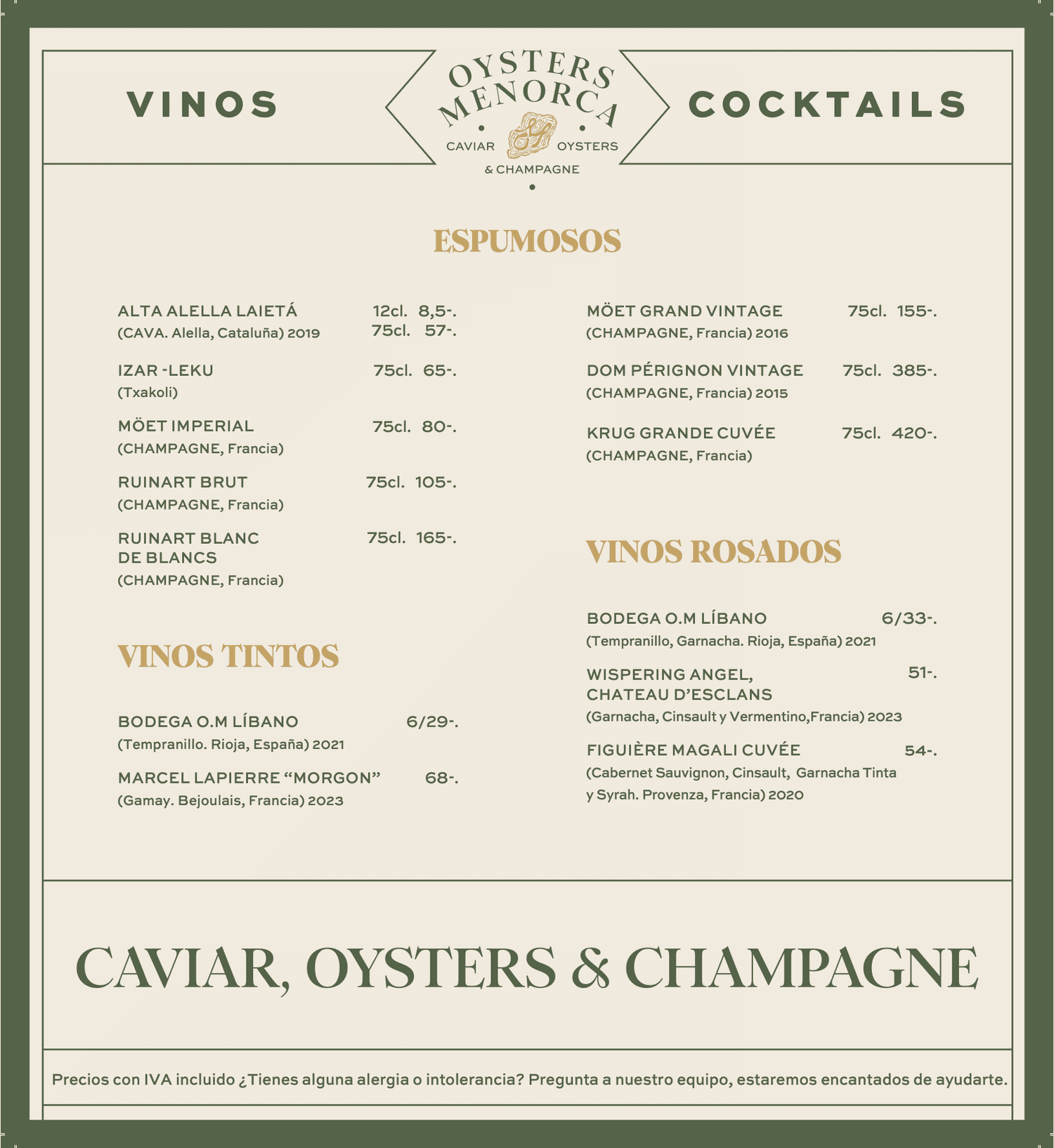 Oysters Menorca Wine Menu