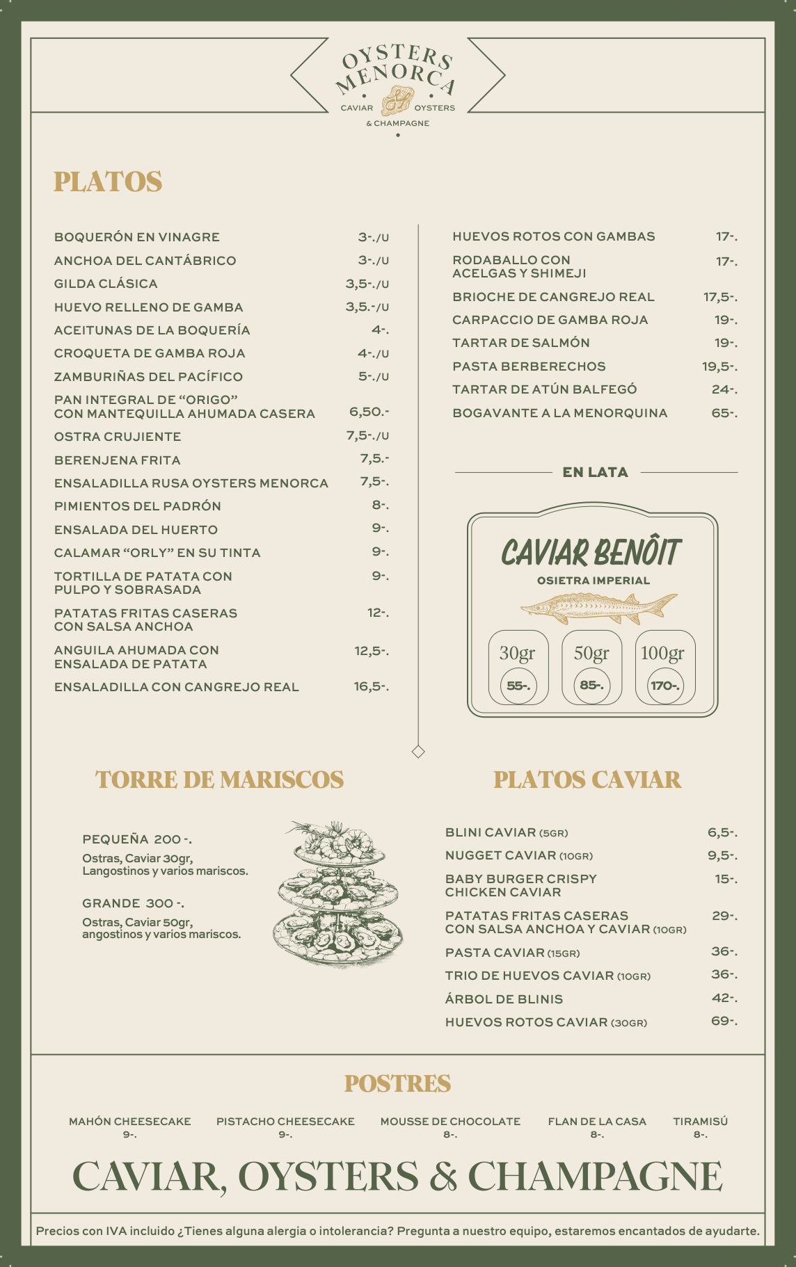 Oysters Menorca Menu