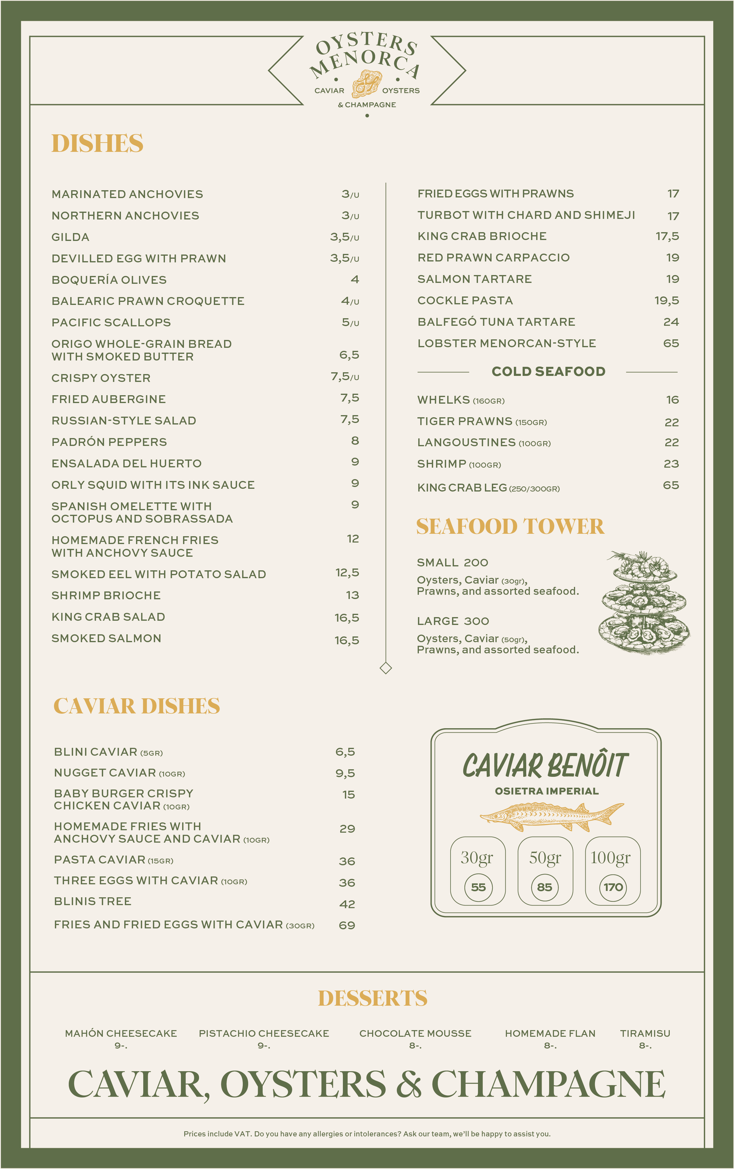 Menu featuring oysters, caviar, Champagne, and a variety of dishes including seafood, caviar dishes, desserts, and a seafood tower with oysters, caviar, prawns, and assorted seafood.