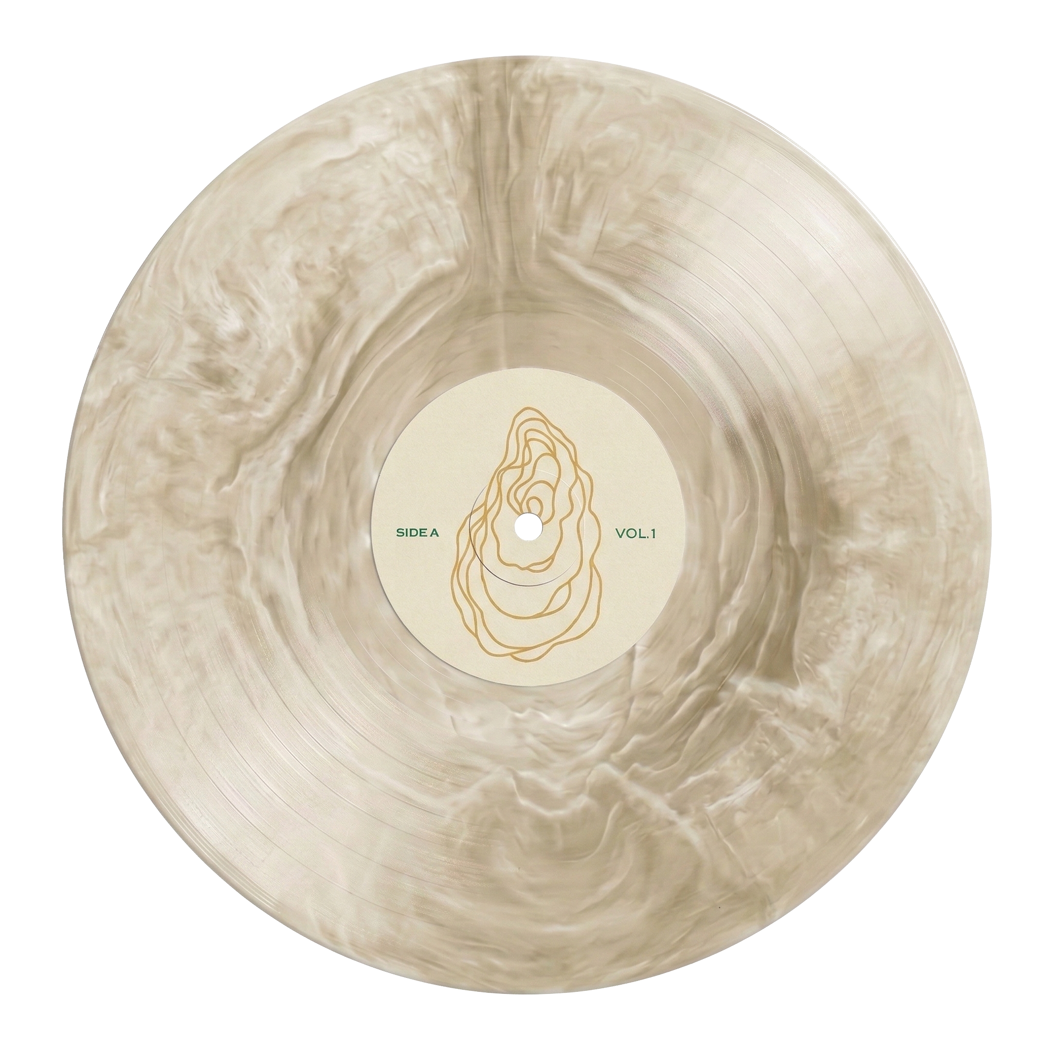 A vinyl record with a beige marbled design, featuring a paper label in the center labeled 'Side A' and 'Vol. 1' with a contour map graphic.