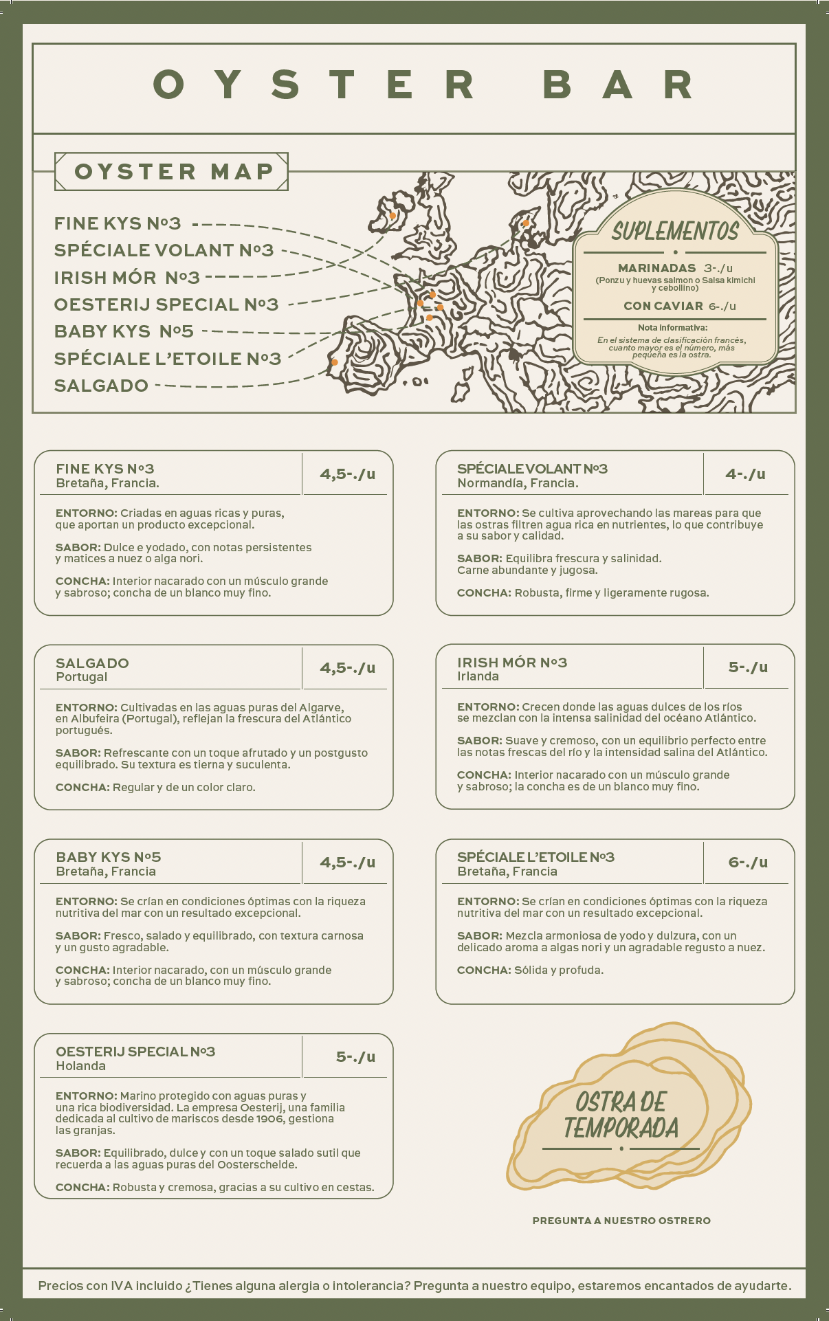 A menu for an oyster bar featuring an oyster map of Europe with different oyster varieties and prices, including details about their origin, flavor, and shell type.