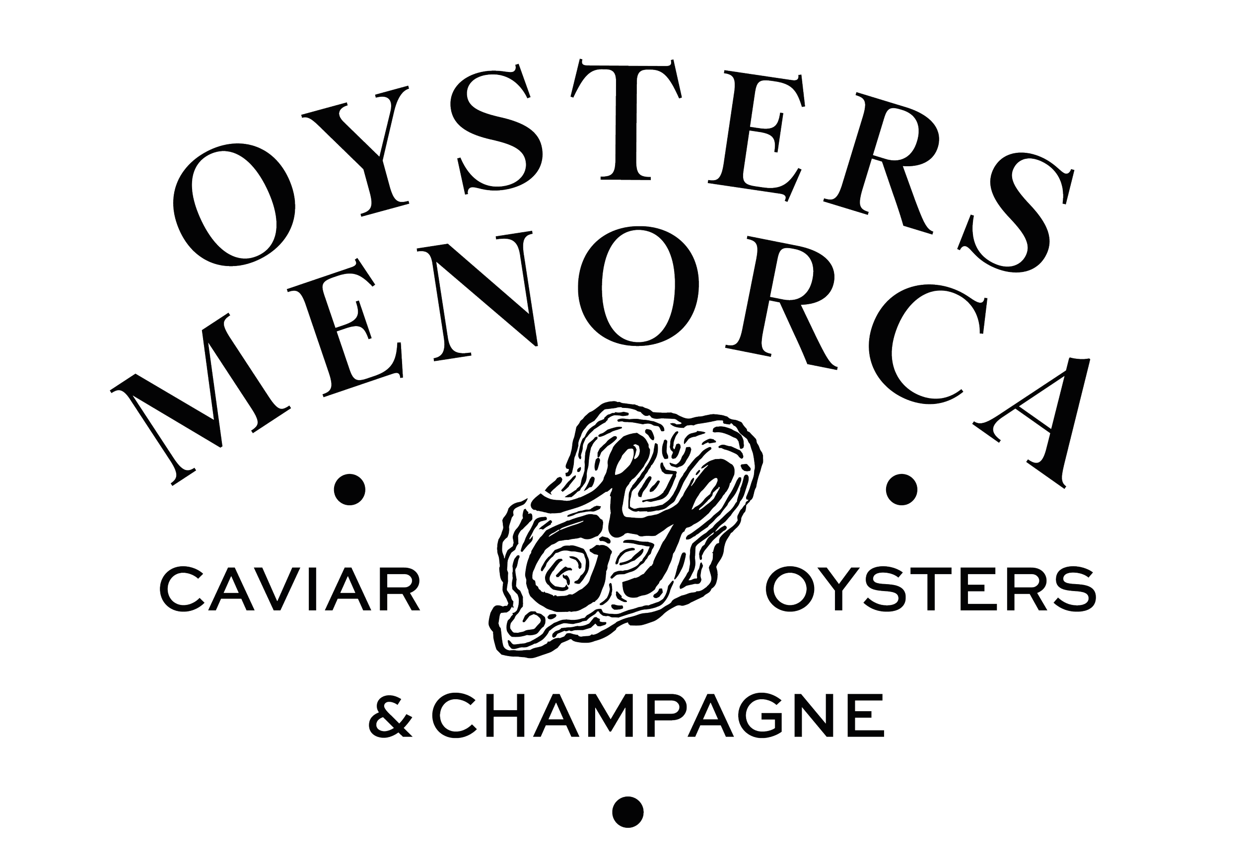 Line art logo for Oysters, Menorca, featuring a shell illustration, with text indicating caviar, oysters, and champagne.