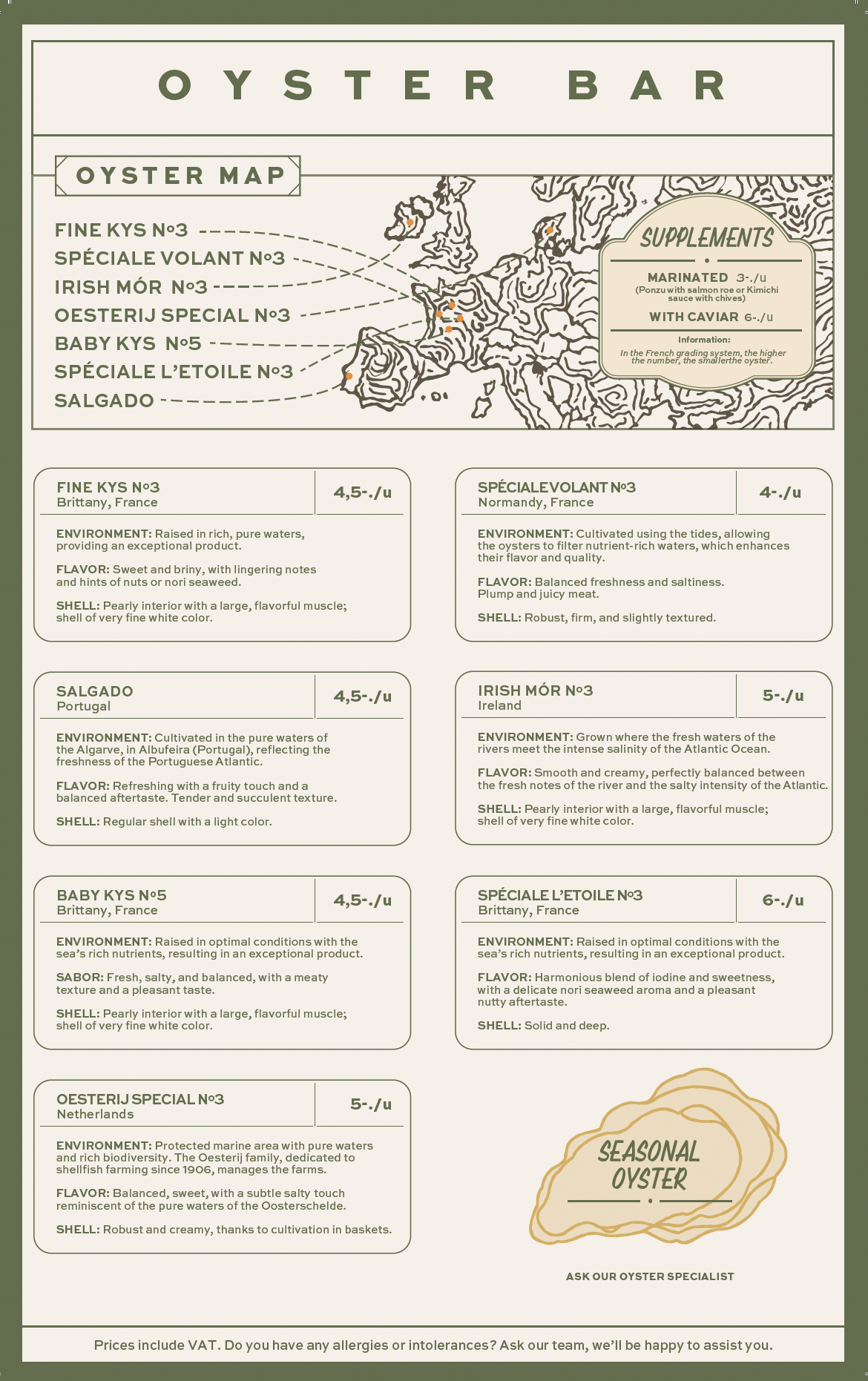A menu from an oyster bar listing various types of oysters from different regions, along with their descriptions, environment details, flavor profiles, and shell descriptions. The menu includes items like Fine Kys No3, Irish Mór No3, Salgado, Baby Ky