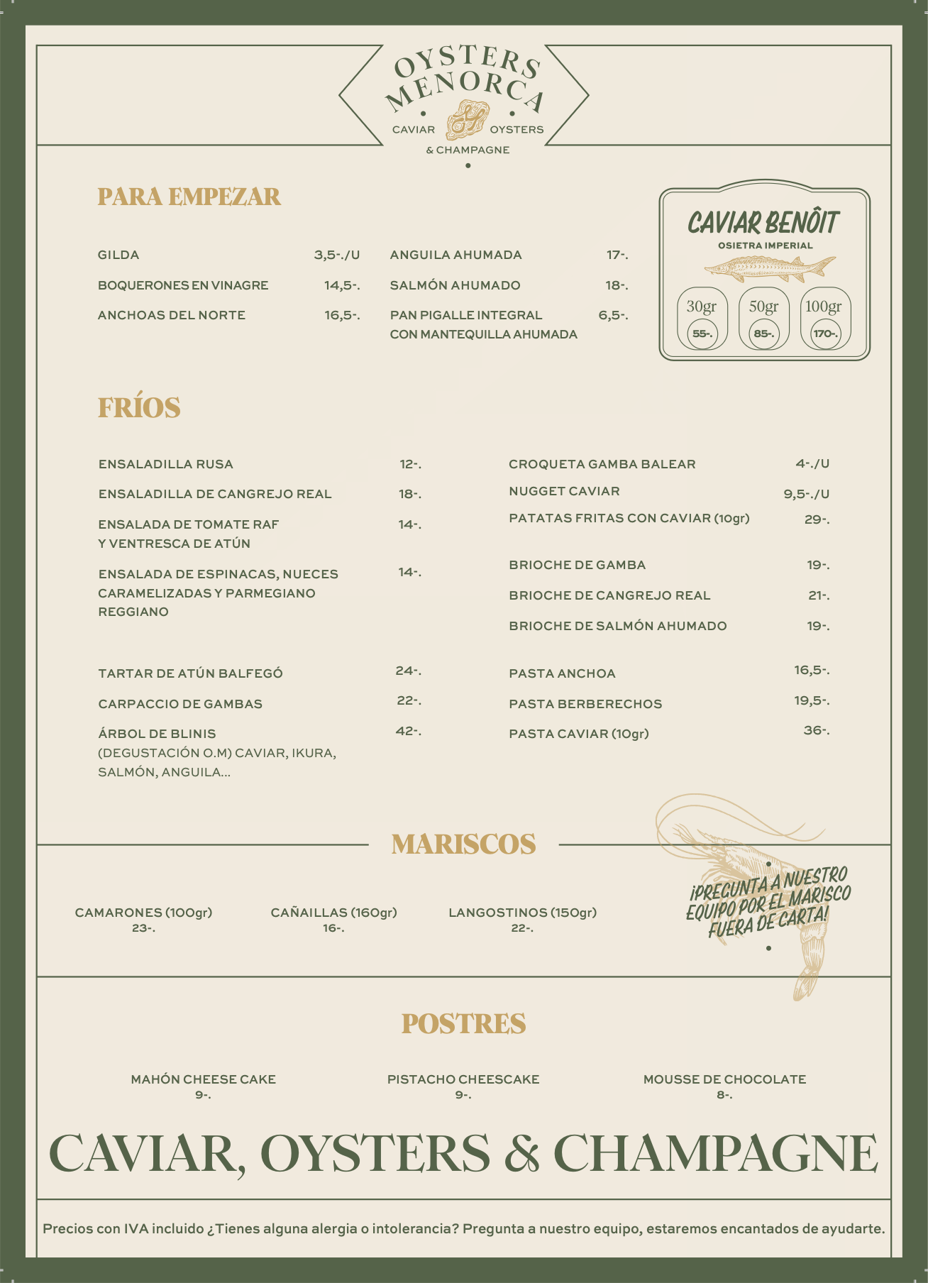 Oysters Menorca Menu