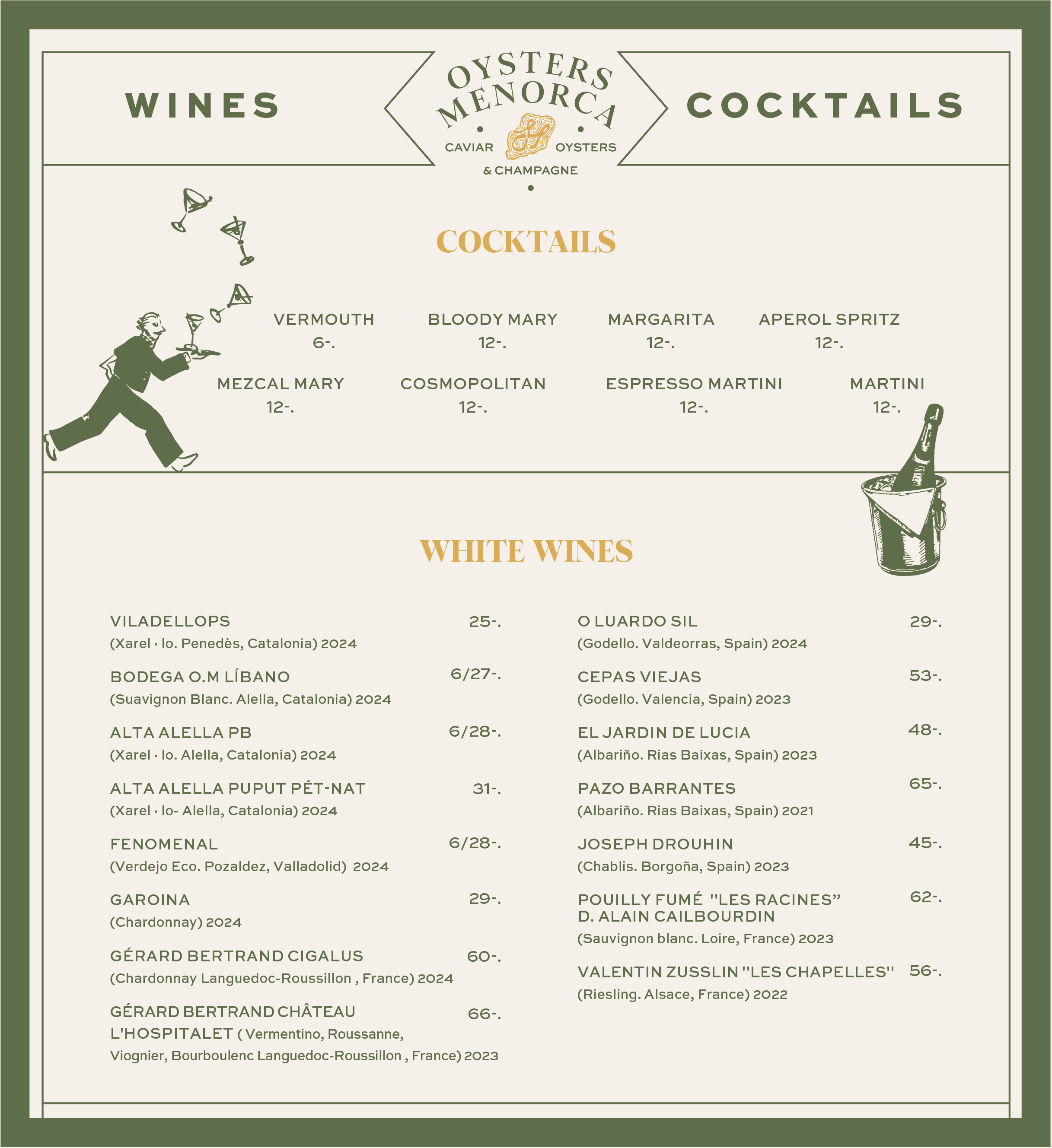 Wine list menu with sections for wines, cocktails, and white wines, featuring various Spanish and French wines with prices, alongside illustrations of a running man holding a tray and a wine bottle in a bucket.