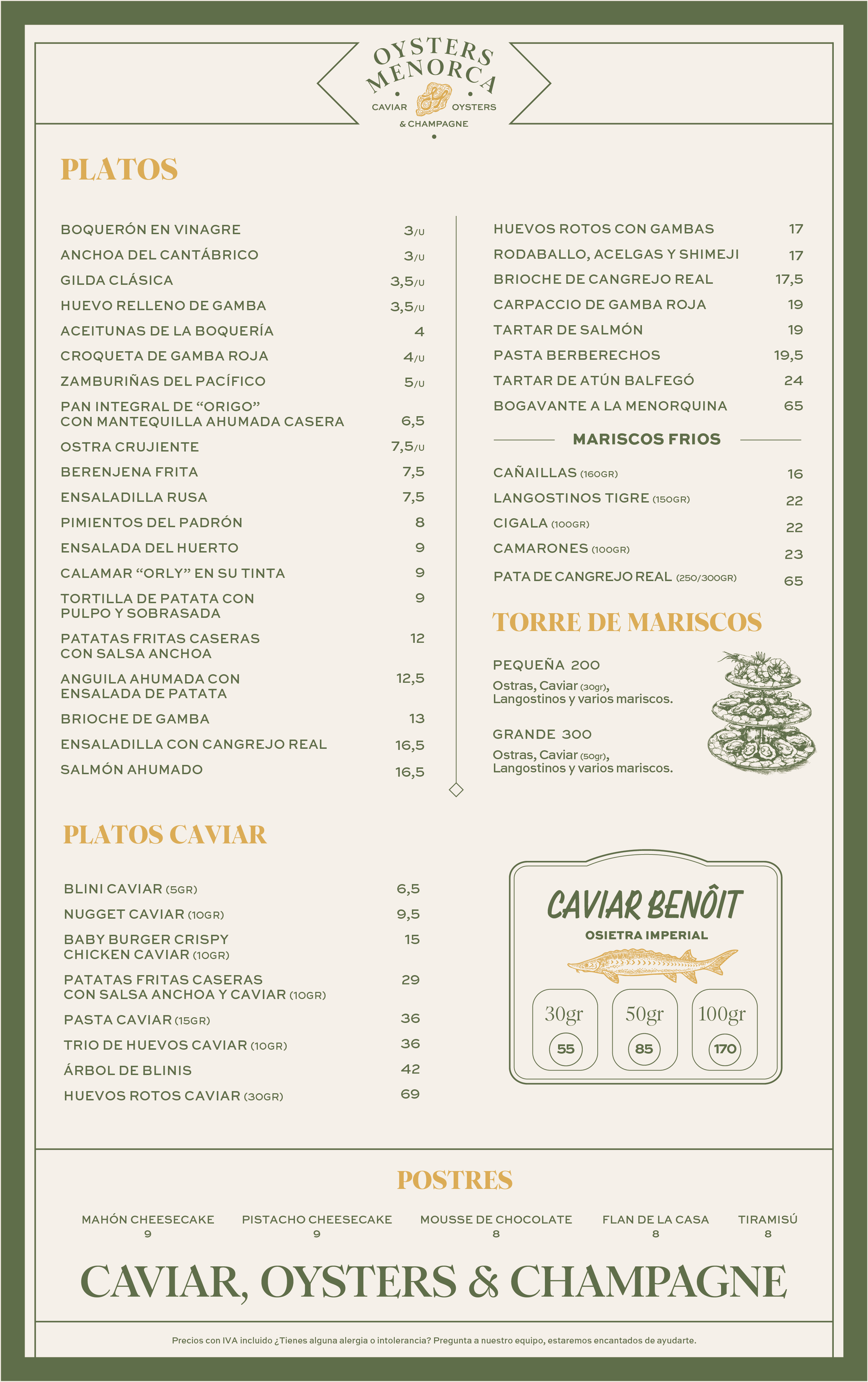 Menu of a restaurant with sections for oysters, caviar, and champagne, including dishes like oysters from Menorca, various caviar options, and champagne, with prices listed in euros.