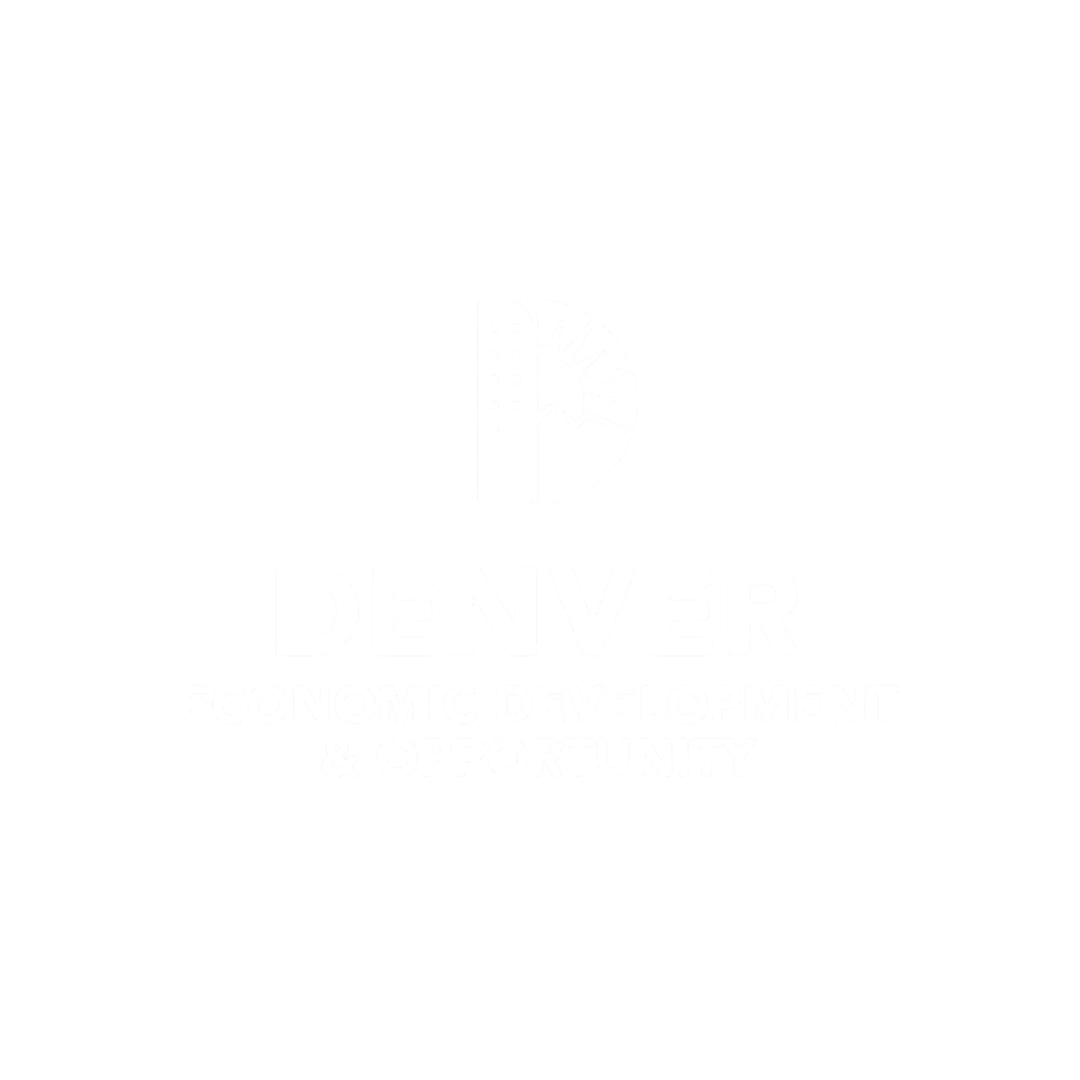 Logo for Denver Economic Development & Opportunity featuring a city skyline and sunburst graphic.