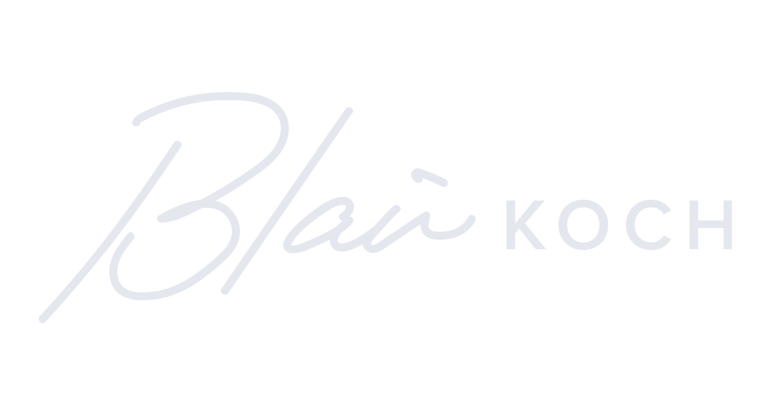 White logo with the name 'Blaire Koch' in cursive and block font, illuminated in blue.