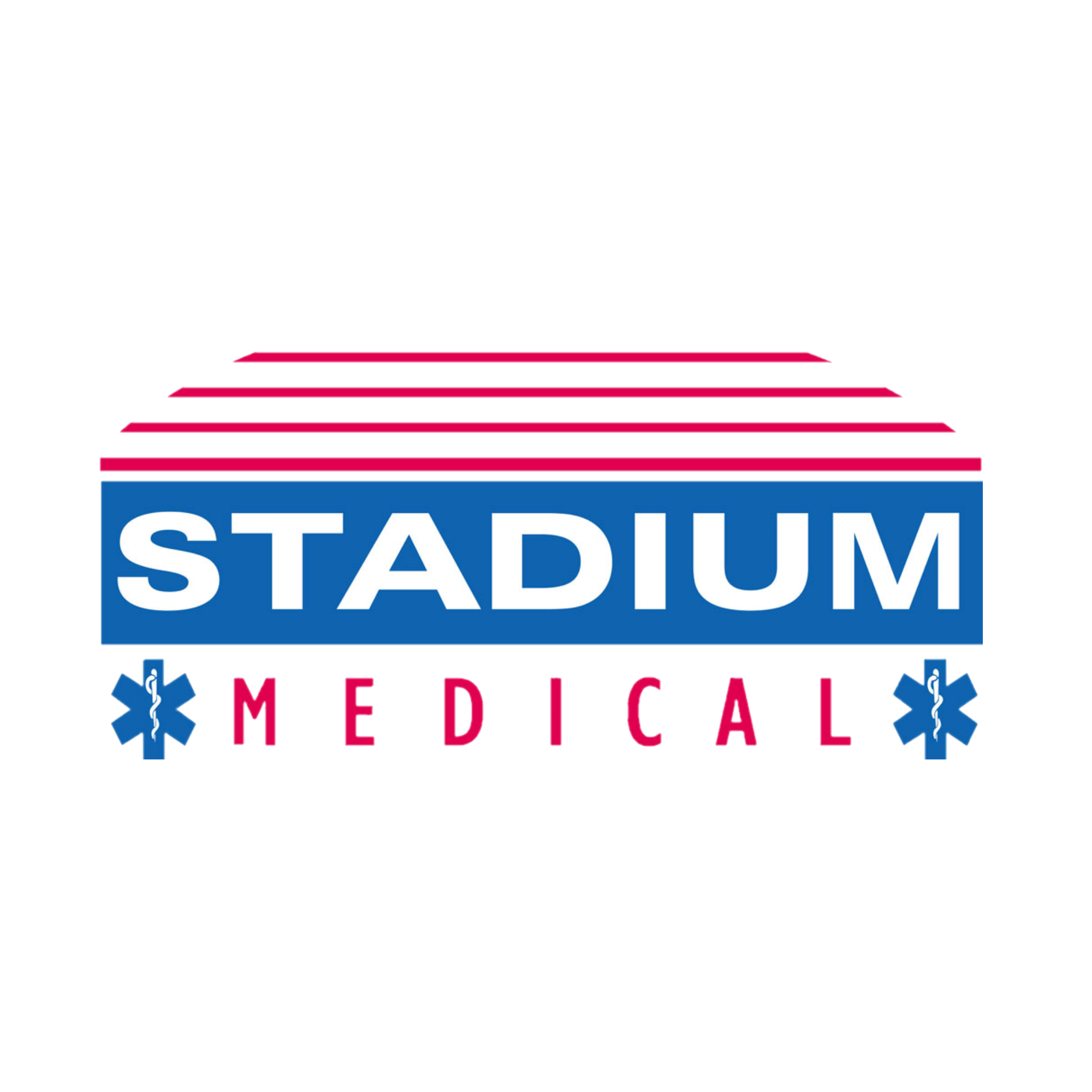 A sign with the text 'STADIUM' in white letters on a dark blue background, decorated with pink, blue, and yellow ribbons at the bottom.