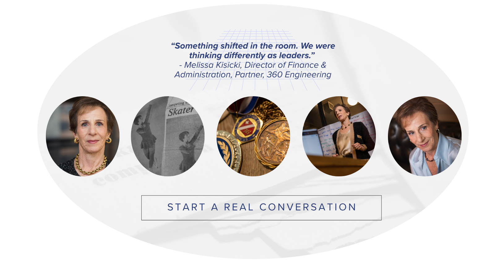 An overlay with images of women and medals on a gray newspaper background. There is a quote at the top in blue text and a button at the bottom that says 'Start a Real Conversation'.