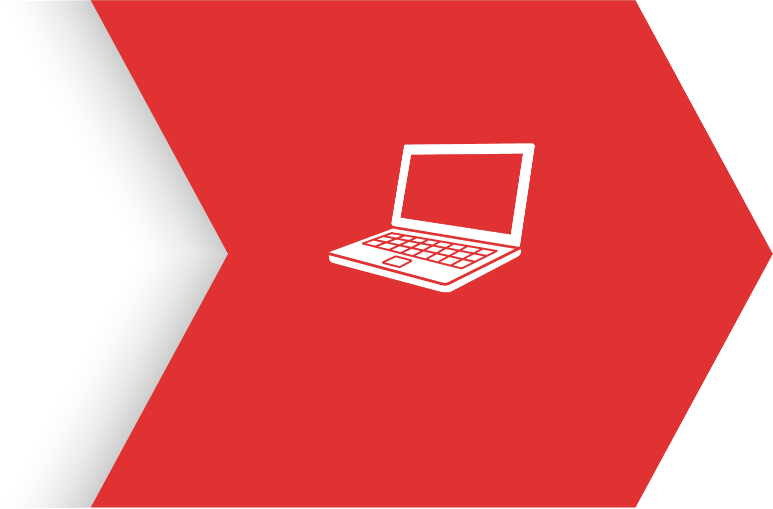 A stylized white outline of a laptop on a red background with geometric shapes.