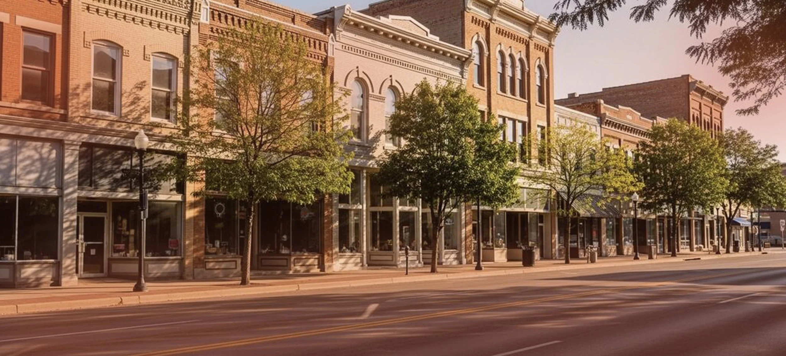 A street view of a row of old brick buildings with large windows, storefronts, trees, and street lamps on a sunny day.