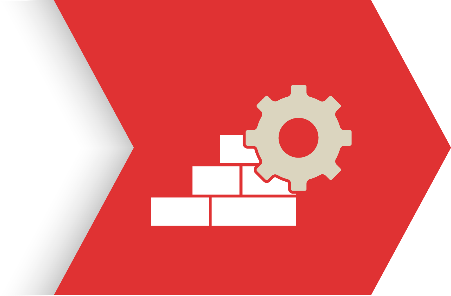 A graphic with a red background and a white arrow pointing to the right, featuring a beige gear icon and white bricks stacked in a pyramid formation.