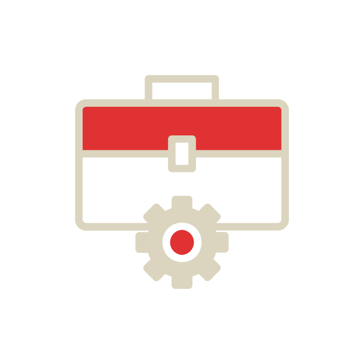 A graphic icon of a red and beige briefcase with a gear in front of it, representing tools or settings.