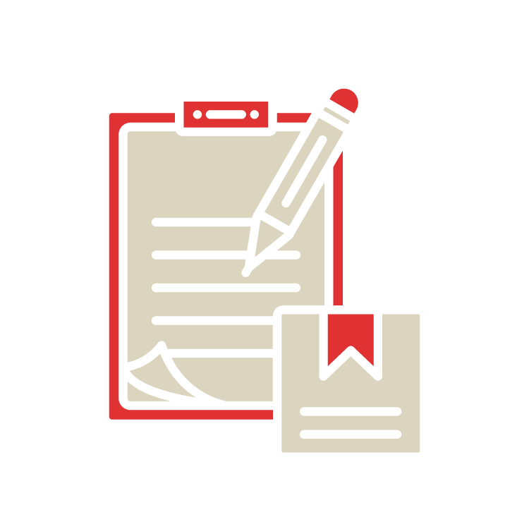 Clipboard with lined paper, a pencil, and a certificate or document with a red ribbon