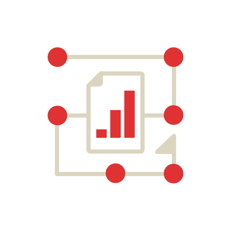 Icon representing data analysis or digital documents, with a bar chart on a sheet of paper inside a network diagram.