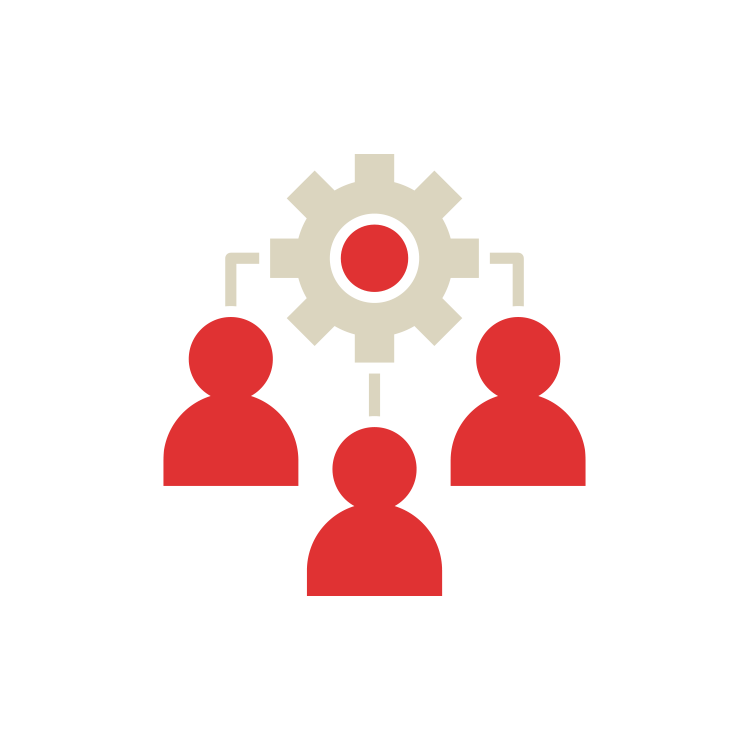 Illustration of three people connected to a gear symbol, representing teamwork or collaboration.