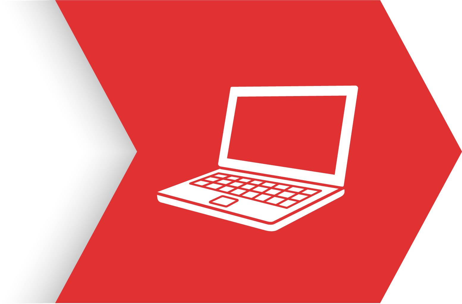 Simplified line drawing of a laptop on a red background with a white arrow pointing left.
