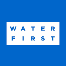 Logo with blue background and the words 'WATER FIRST' in white text