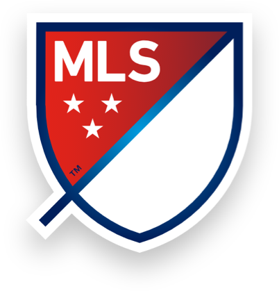 Logo de la Major League Soccer (MLS) avec un bouclier, la moitié supérieure rouge avec les lettres 'MLS' et trois étoiles, la moitié inférieure blanche, entouré d'une bordure bleue.