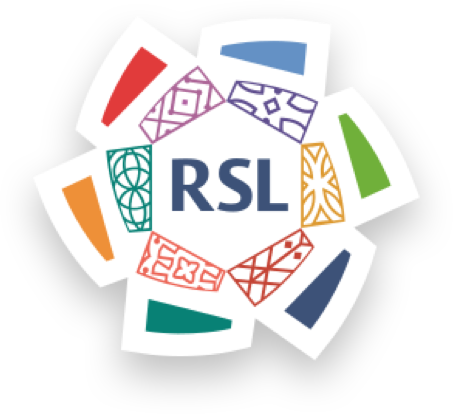 Logo avec les lettres RSL entouré de formes colorées et de motifs traditionnels africains.