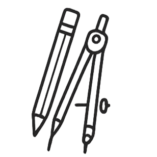 Geometric drawing of an outline square with sections divided by vertical, horizontal, and half circle lines.