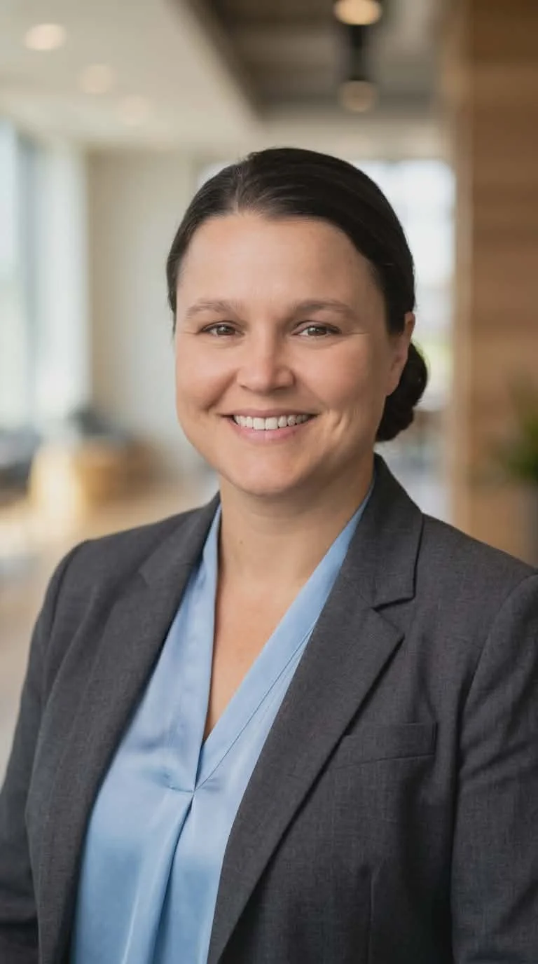 A professional woman with dark hair pulled back, wearing a gray blazer and a light blue blouse, smiling in an office setting with blurred background.