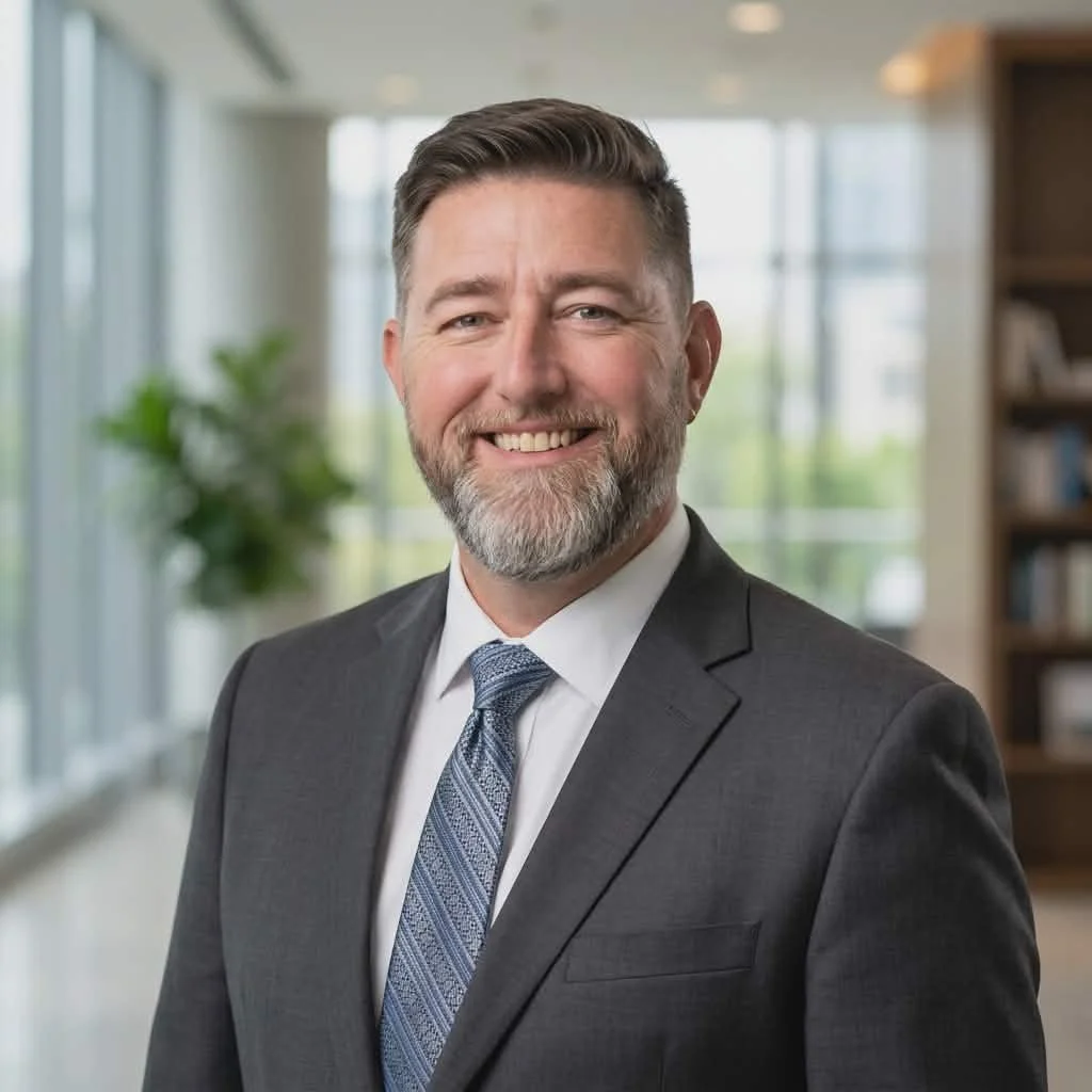 Portrait of a smiling middle-aged man with a beard, wearing a dark suit, white shirt, and patterned tie, standing in an office with large windows and a bookshelf in the background.