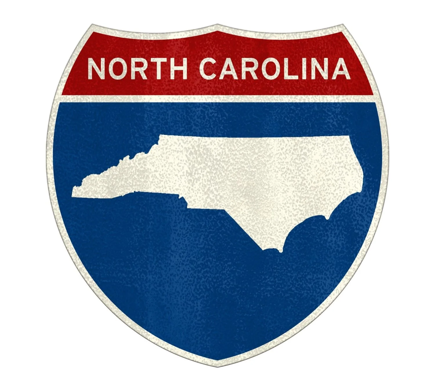 North Carolina state road sign with a white silhouette of North Carolina map in the center, red top section, and blue bottom section.