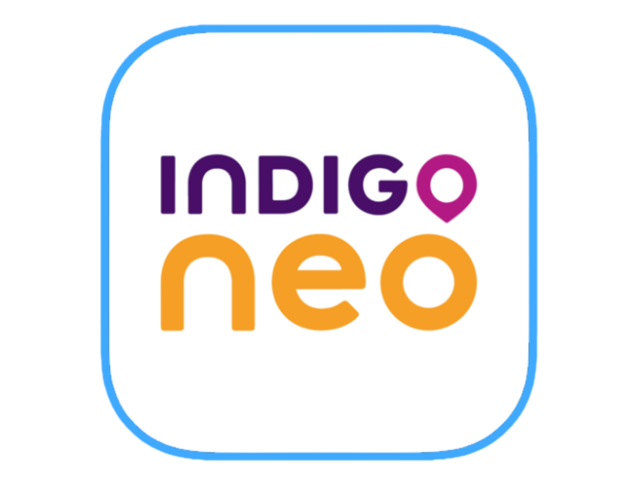 Logo for Indigo Neoso with purple, orange, and pink text on a white background.