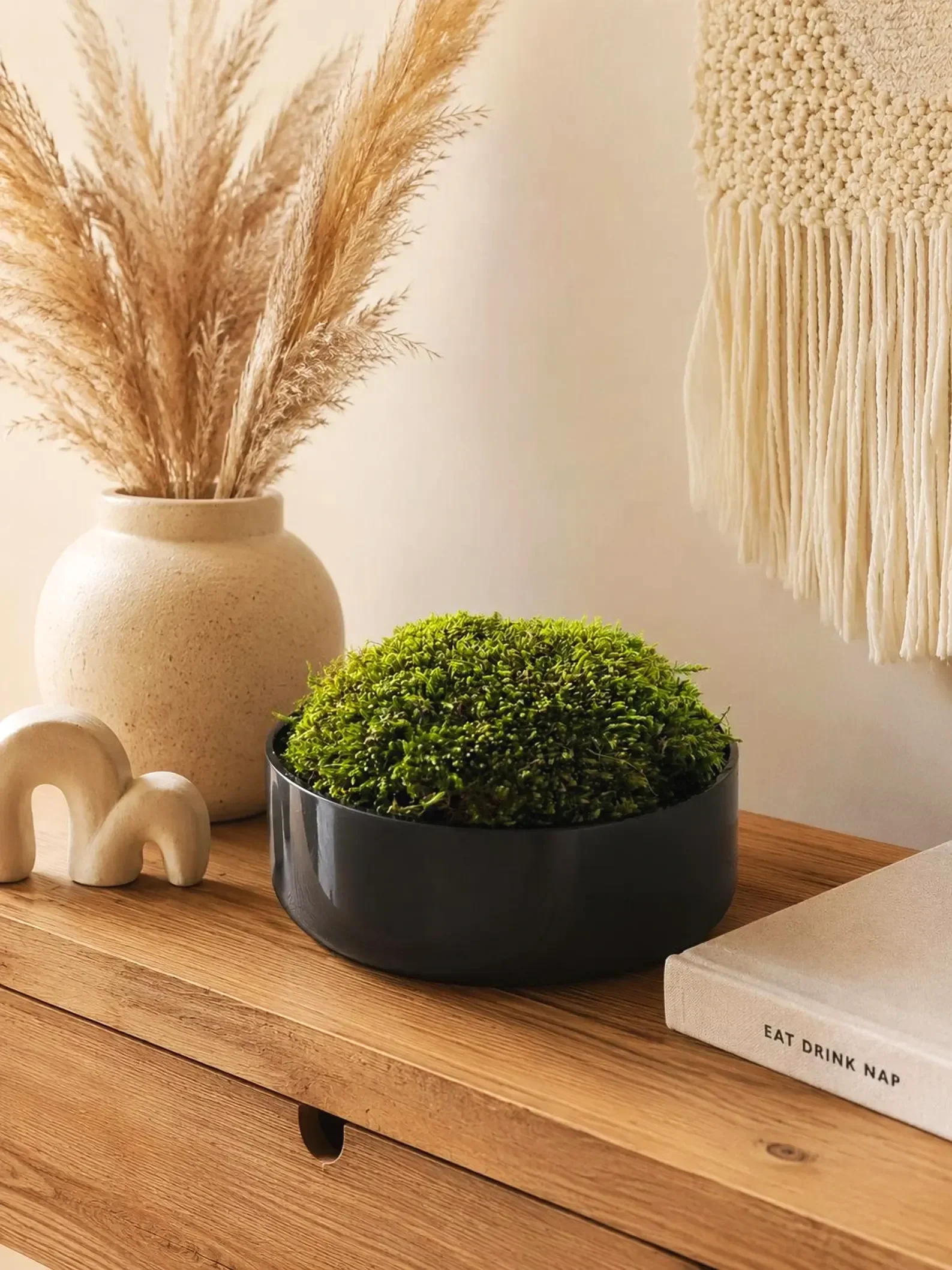 Preserved moss bowl arrangement in a black planter, styled on a wooden console with neutral home décor.