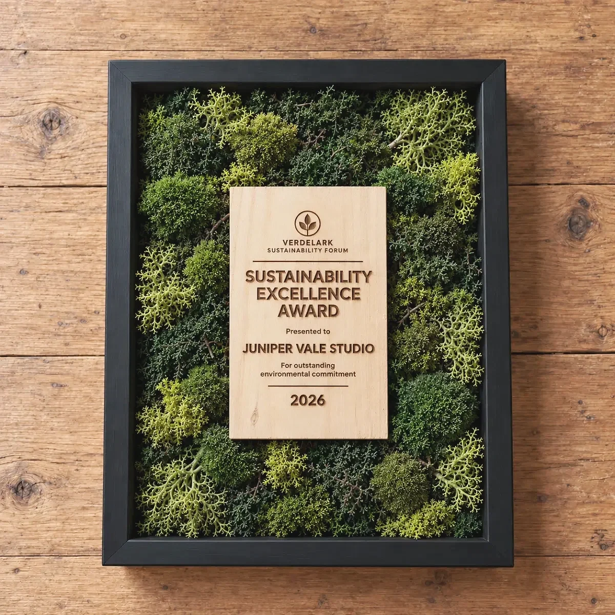 Preserved moss recognition award with a personalised engraved wooden plaque in a dark frame.