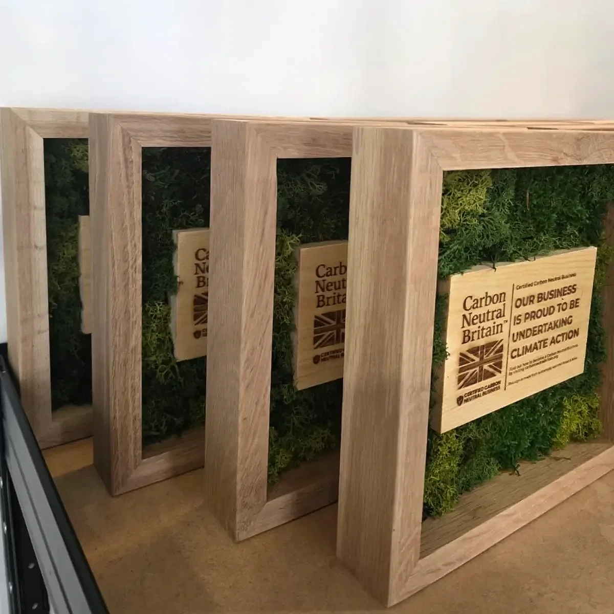 Several completed Carbon Neutral Britain preserved moss pieces in oak frames ready for distribution.