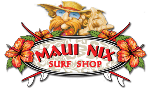 Maui Nix Surf Shop logo with a unicorn surfing on a surfboard surrounded by tropical flowers