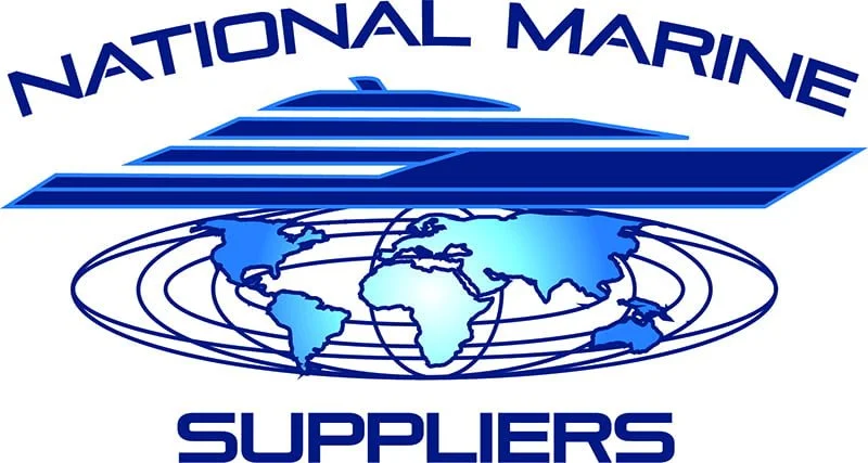 Logo of National Marine Suppliers featuring a stylized cruise ship and a world map in blue.