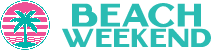 Text reading 'Beach Weekend' with a logo of a palm tree and waves