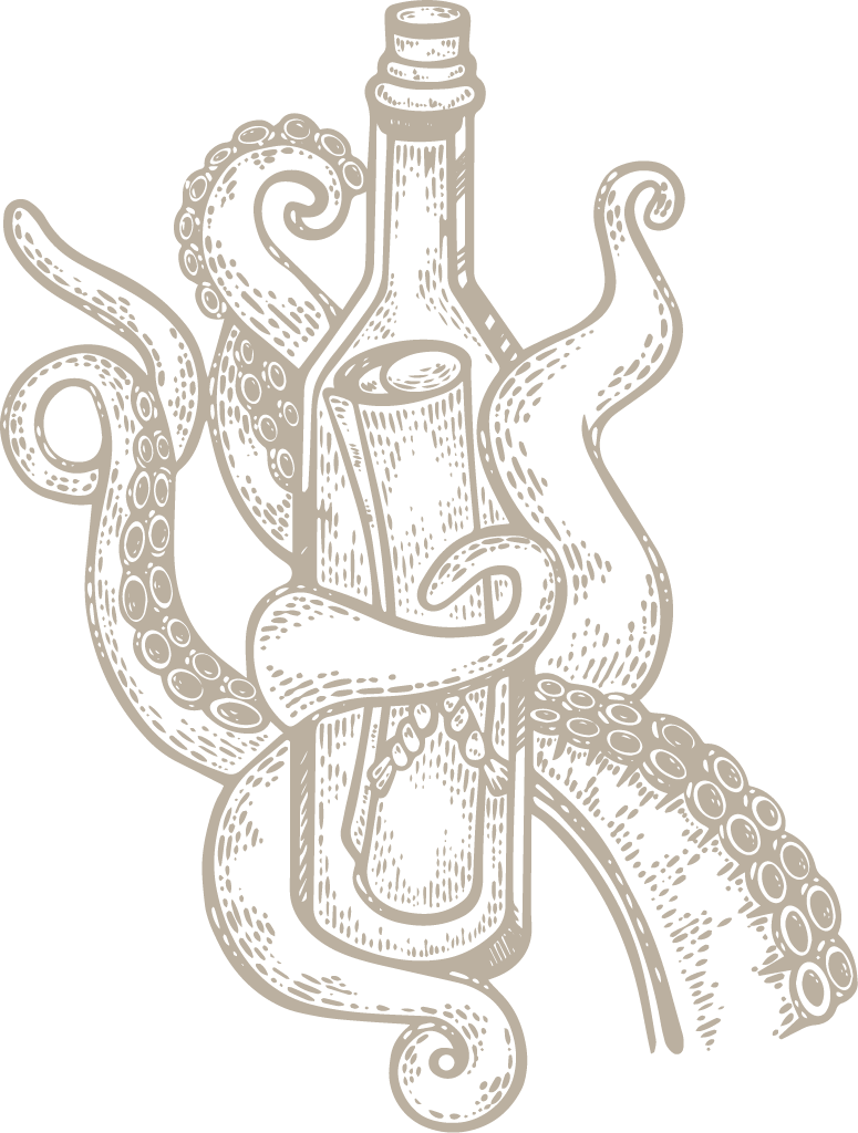 Illustration of a whiskey bottle with octopus tentacles intertwined around it.