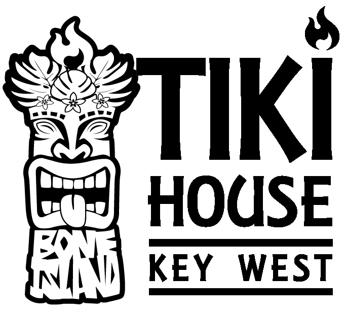 A stylized tiki mask with a fierce expression, decorative flowers, and flames on the top, with the words 'Bone Island' beneath it.