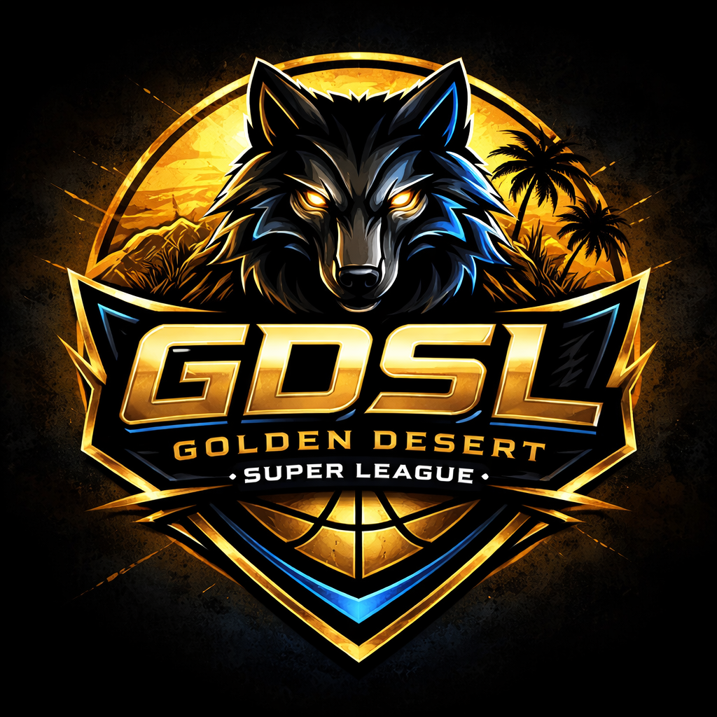 A logo for the Golden Desert Super League featuring a fierce black wolf with glowing eyes, set against a desert landscape with palm trees and mountains, with gold and blue accents.