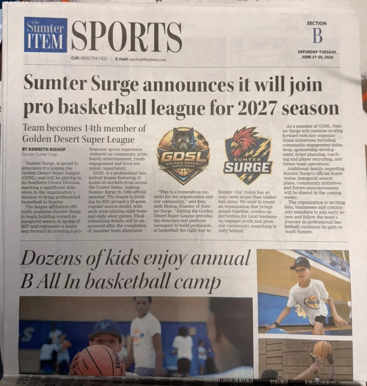 Sumter Surge announces it will join gdsl 