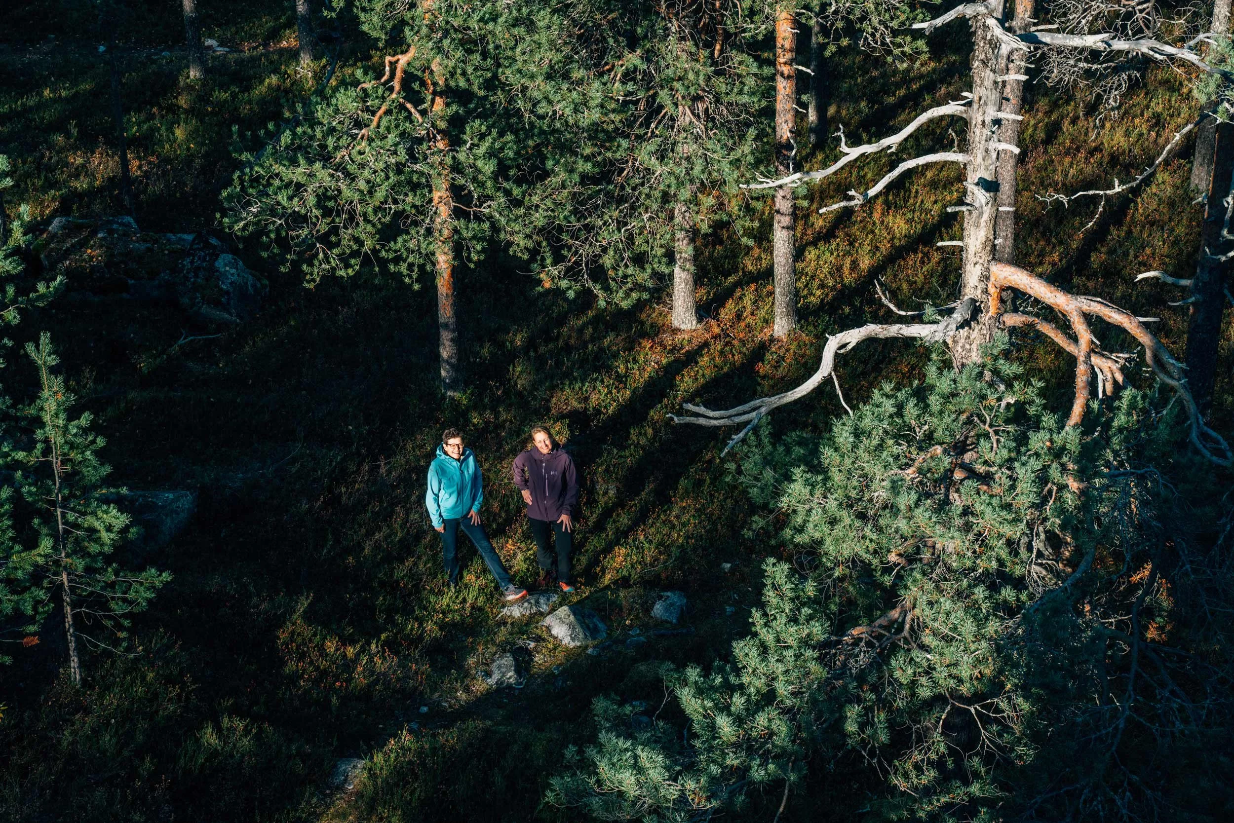 Two women in outdoor jackets standing in a dense pine forest, looking up at the camera, with lush greenery and tall trees around them.