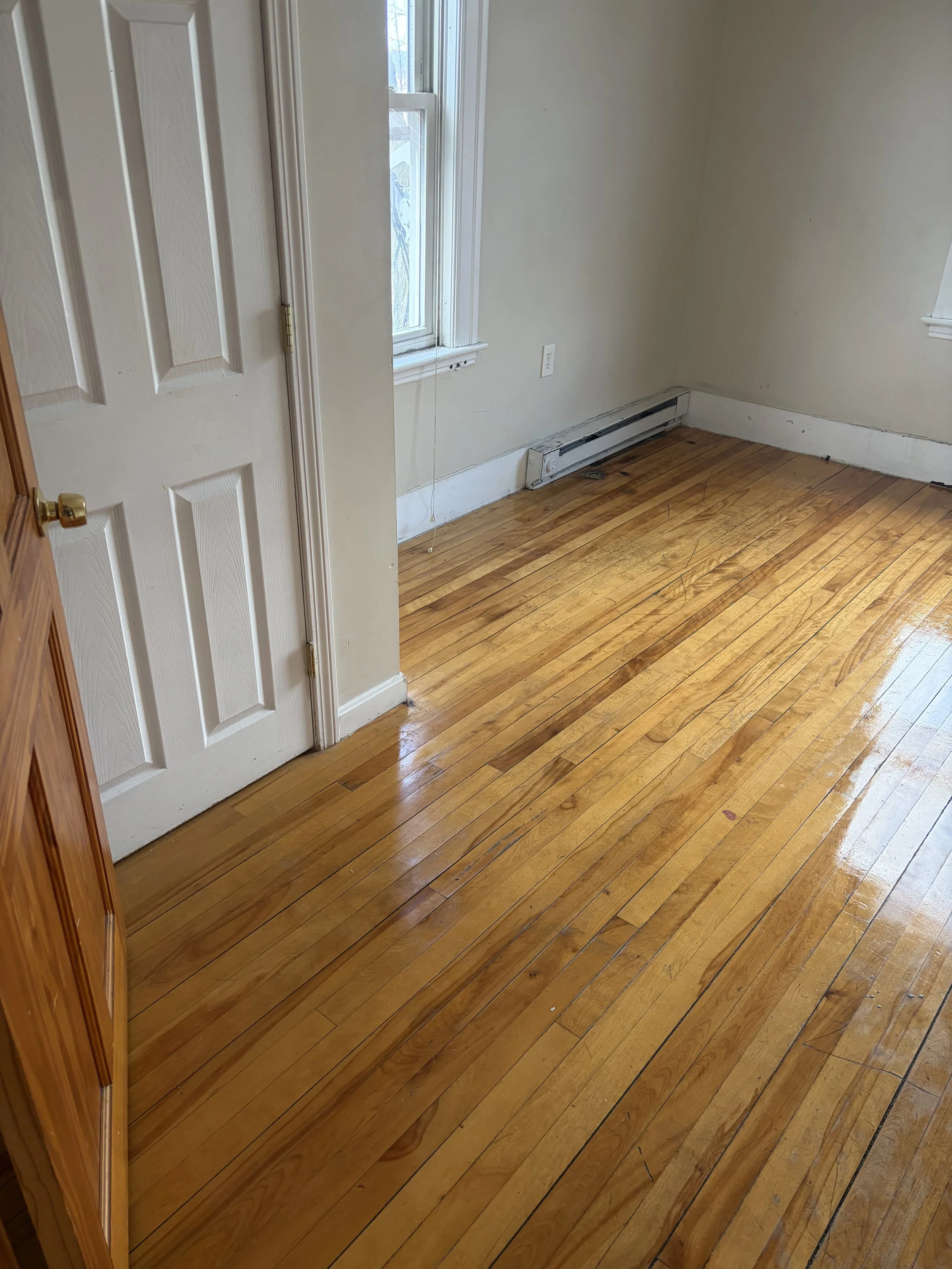 Hardwood floor refresh completed for rental property turnover in Worcester Massachusetts