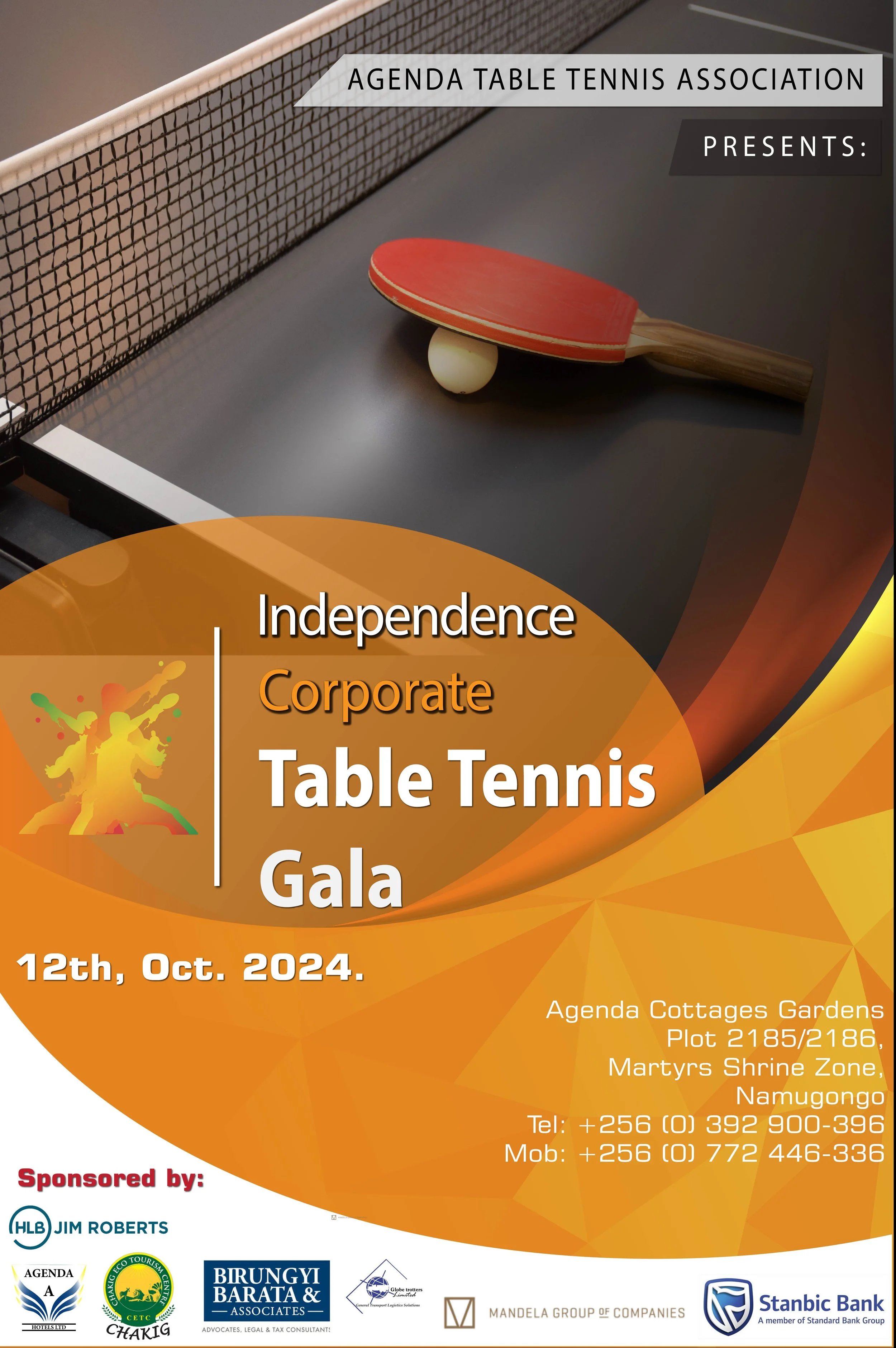 A promotional poster for the Independence Corporate Table Tennis Gala scheduled for October 12, 2024. The poster features an image of a table tennis paddle hitting a ball on a table, with event details and sponsor logos.