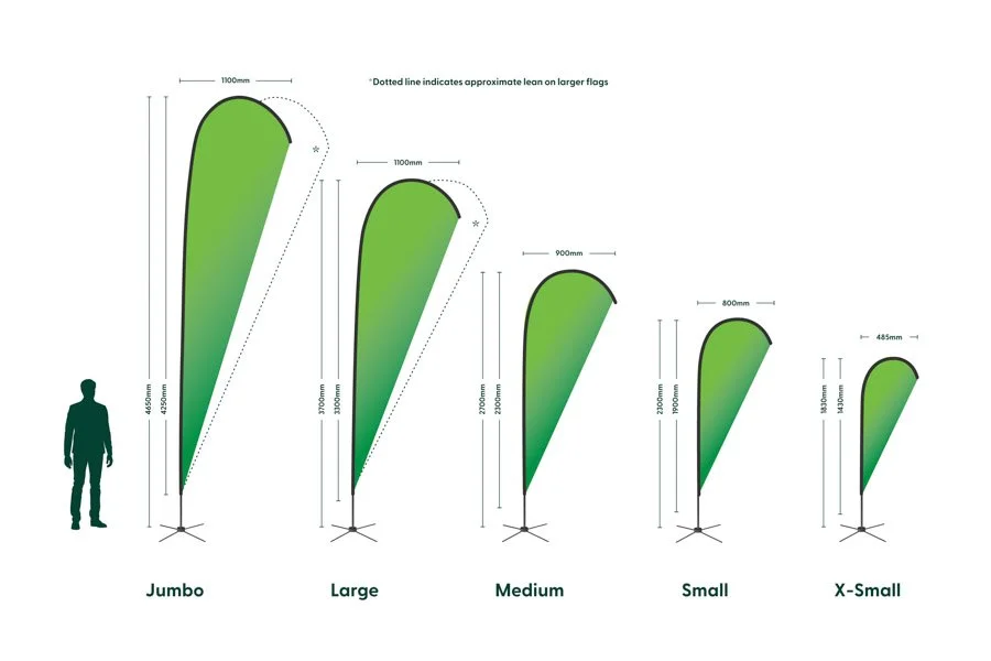 Comparison chart of flag sizes: Jumbo, Large, Medium, Small, X-Small. Each flag displays dimensions in millimeters, showing larger flags have greater height and width. A person silhouette is included for scale.