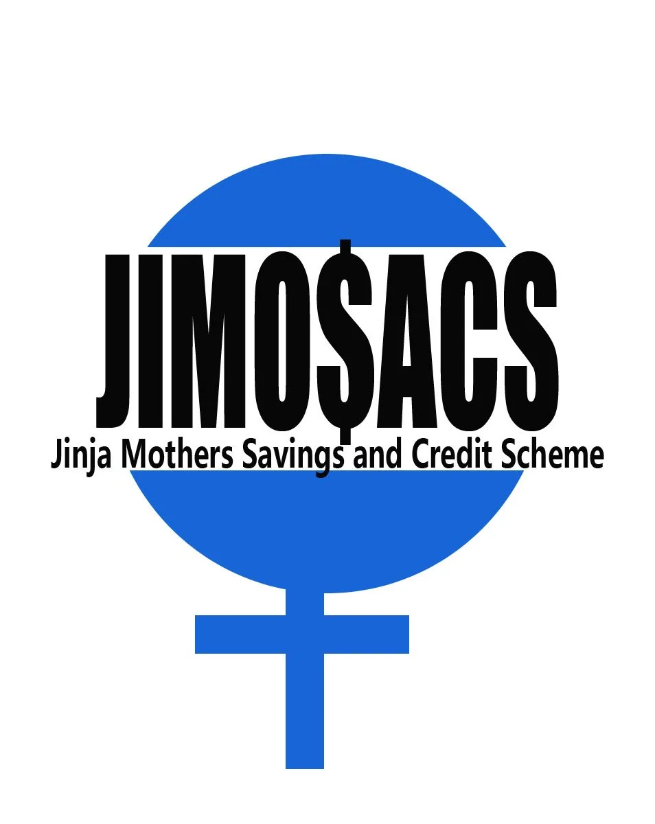 A logo for JIMO$ACS, Jinja Mothers Savings and Credit Scheme, featuring a blue gender symbol with the scheme's name and full title in bold black letters.