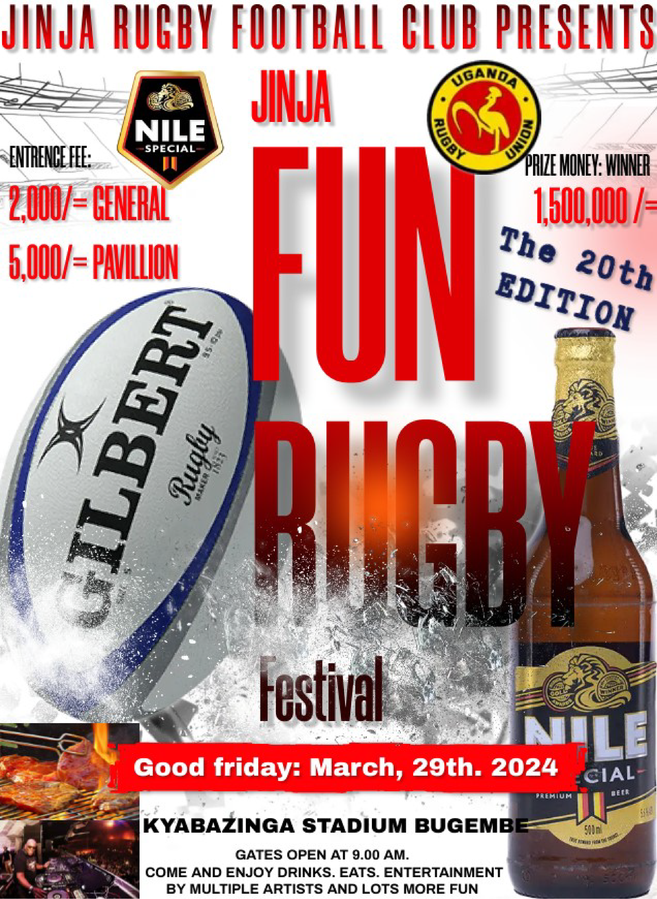 An advertisement poster for the 20th edition of a rugby festival presented by Jinja Rugby Football Club featuring a match between Nile Special and Uganda Rugby Union teams. The poster includes ticket prices for general and pavilion entry, prize money