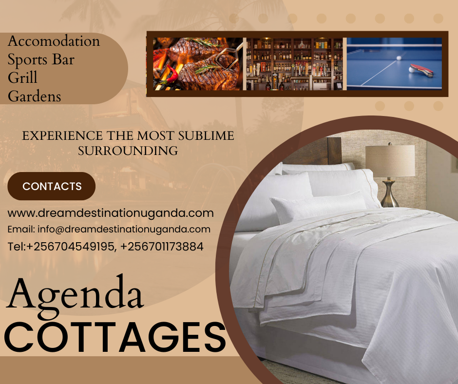 Hotel brochure featuring amenities such as accommodation, sports bar, grill, gardens, and a bedroom with a white bed and lamp, with a top banner showing images of food, a bar interior, and a tennis court.