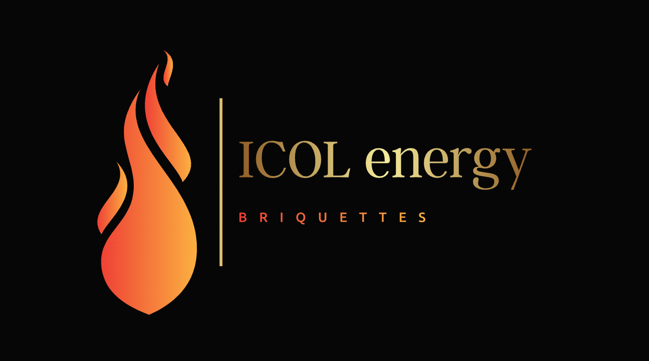 Logo for ICOL energy briquettes featuring a stylized orange and red flame on a black background with the company name and product description.
