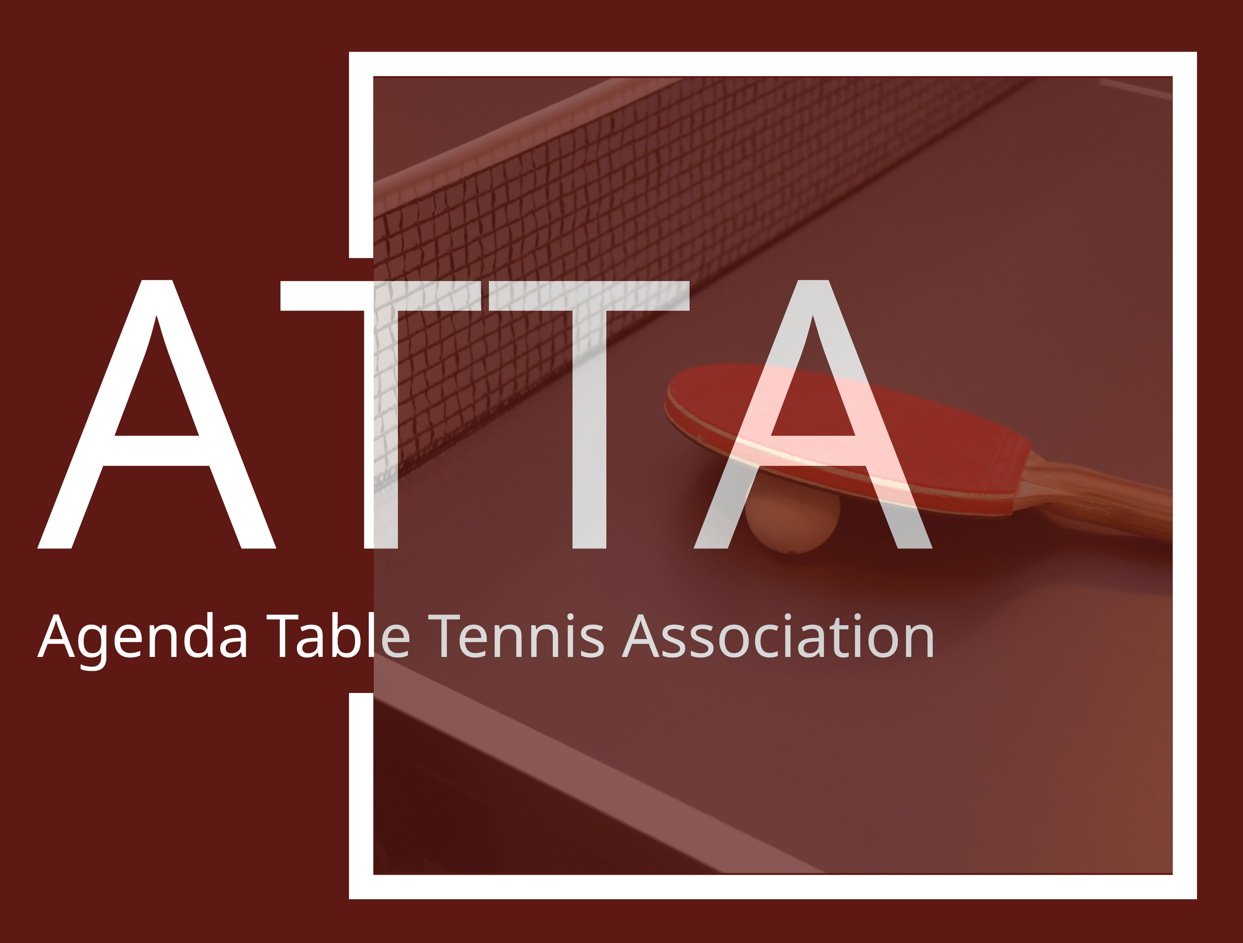 Overlay of the Agenda Table Tennis Association logo with a background showing a table tennis paddle, a ball, and a net on a table.